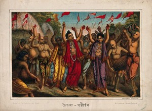 view Devotees of Krishna and followers of Sri Caitanya, dancing with drums, flags and narsingh horn. Chromolithograph.