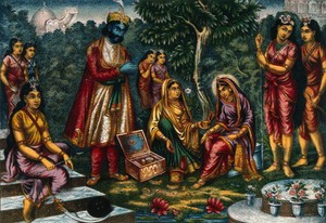 view Sita in captivity in Lanka being tempted by Ravana. Chromolithograph.