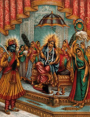 view Krishna humbly standing before an enthroned Radha. Chromolithograph.