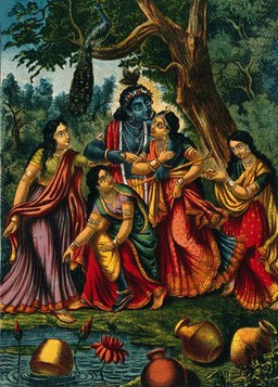 Krishna playing with four cowgirls at a well. Chromolithograph.