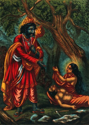 view Savitri pleading with Yama for her husband's life. Chromolithograph.