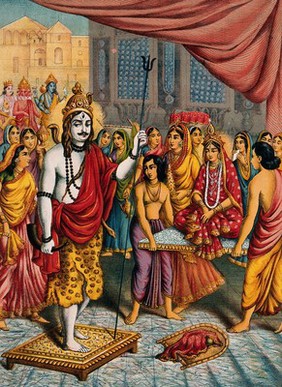 Shiva waiting for the arrival of his bride Parvati. Chromolithograph.