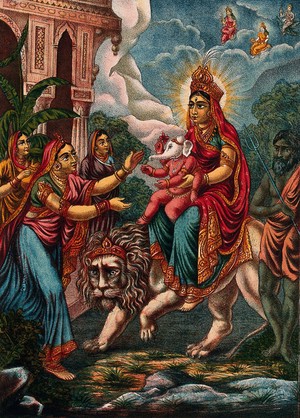 view A goddess probably Parvati as Durga riding on a lion presenting an infant Ganesha to a woman. Chromolithograph.