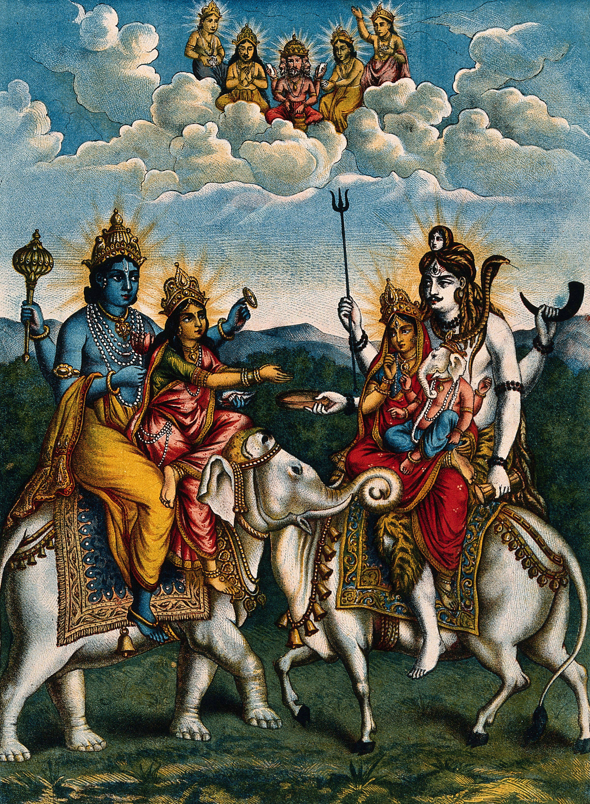 Vishnu and Lakshmi on an elephant meeting Shiva, Parvati and Ganesha on