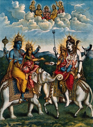 Vishnu and Lakshmi on an elephant meeting Shiva, Parvati and Ganesha on a bull while Brahma watches in heaven. Chromolithograph.
