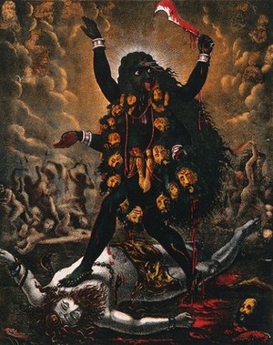 view Kali standing triumphantly over Shiva's corpse. Chromolithograph.