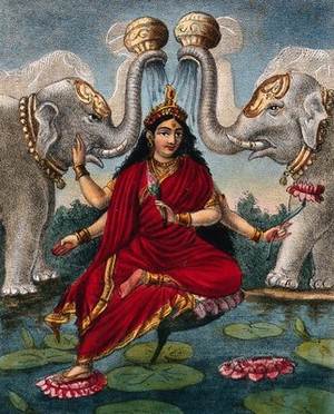 view Lakshmi being anointed by the elephants of the directions. Chromolithograph.