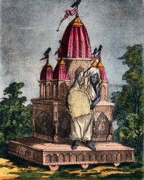 Dhumávati on a temple chariot. Coloured lithograph.