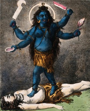 view Taraka standing on a dead body. Coloured lithograph.