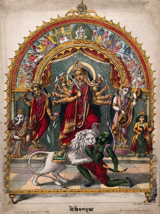 Durga slaying the Buffalo Demon with other deities, set in a torana. Coloured lithograph.