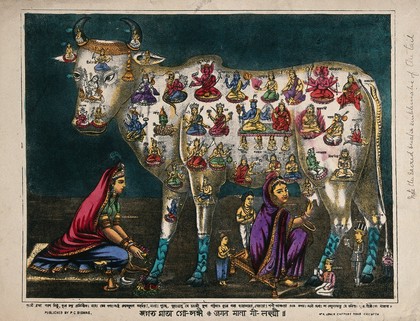 The cow as mother of the world: with pictures of Hindu deities all over its body. Coloured lithograph.