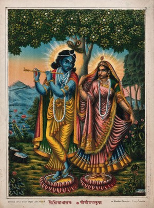 view Radha and Krishna on separate lotuses. Chromolithograph.