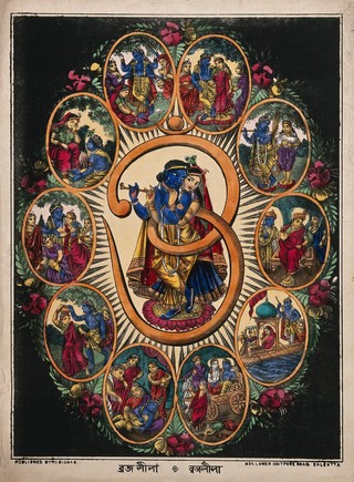 Radha and Krishna on a single lotus within an "Om" sign surrounded by rondels of scenes of Krishna's life. Coloured lithograph.