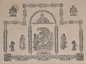 view Baby Krishna sucking his toes, on his cobra throne, attended by female attendants, all surrounded by decorative borders. Wood engraving.