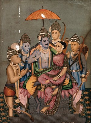 view Rama and Sita enthroned attended by Hanuman, Bharata and Laksmana. Chromolithograph.