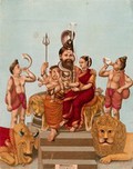 view Shiva enthroned with his family, Parvati and Ganesha, attended by Nandi, a lion and two attendants. Chromolithograph, 1885.