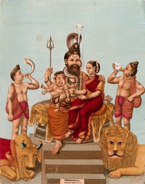 view Shiva enthroned with his family, Parvati and Ganesha, attended by Nandi, a lion and two attendants. Chromolithograph, 1885.