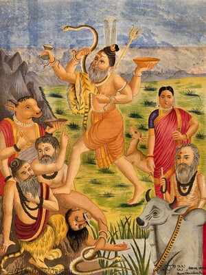 view Shiva trampling on animal sages accompanied by deer, during Daksha's sacrifice, Parvati stands to one side. Chromolithograph.