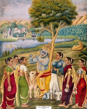 Krishna playing the flute to cowgirls. Chromolithograph, 1882.