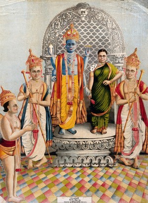 view Vishnu and Lakshmi attended by Garuda and two attendants. Chromolithograph, 1883.