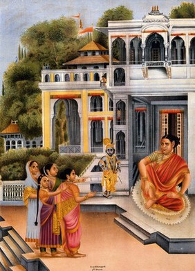 The gopis complaining to Yasoda about Krishna's pranks. Chromolithograph.