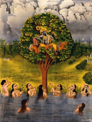 view Krishna seated in a tree above a river with the gopis' clothes and making the gopis plead for their garments. Chromolithograph.