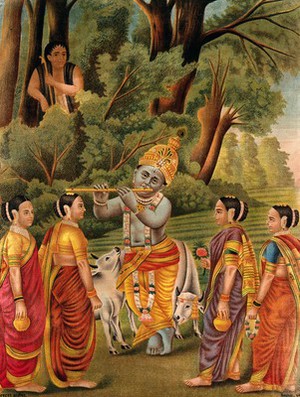 view Krishna plays his flute to the gopis while a man watches from the woods. Chromolithograph.