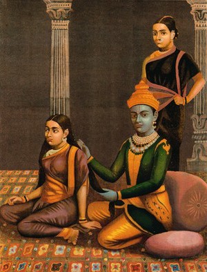 view Krishna combing Radha's hair with attendant in the background. Chromolithograph.