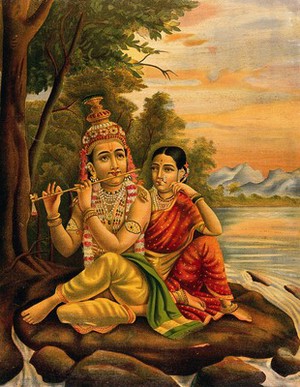 view Radha listening to Krishna's flute playing seated by a shoreline. Chromolithograph.