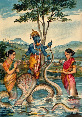 The child Krishna subdues the snake Kaliya in water with Kaliya's two wives pleading for his life. Chromolithograph.