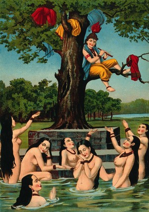 view Krishna sitting in a tree above water with the gopis' clothes, while the naked gopis plead for their garments. Chromolithograph.