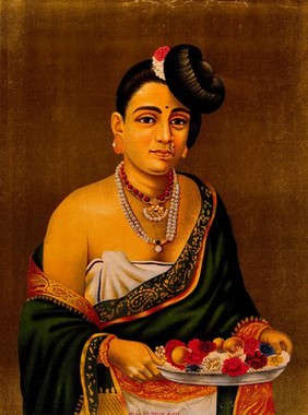 A Nayar lady with distinctive hairstyle. Chromolithograph.