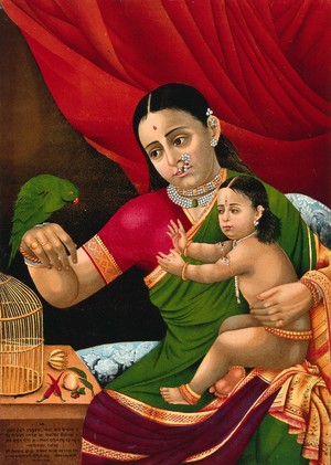 view Rama and his mother with a parrot. Chromolithograph, 1867.