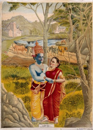 view Rādhā and Krishna embrace in the countryside. Chromolithograph, 1882.