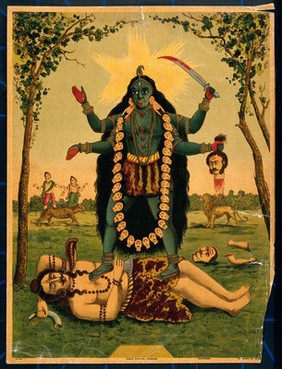 Kālī standing triumphantly over Shiva. Chromolithograph.