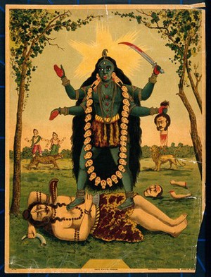 view Kālī standing triumphantly over Shiva. Chromolithograph.