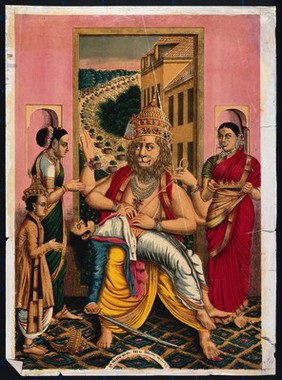 Narasimha disembowelling Hiranyakasipu in front of his son and attendants. Chromolithograph, 1883.