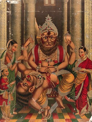 view Narasimha disembowelling Haranyakasipu in front of his son and two female attendants. Chromolithograph.