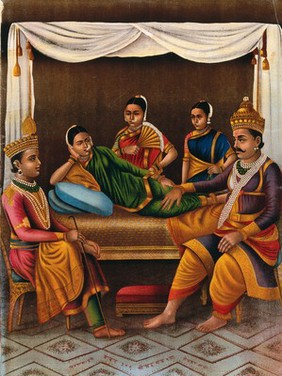 Ahilyabai Holkar with two female attendants holding a diplomatic meeting between a nobleman and subject ruler. Chromolithograph.