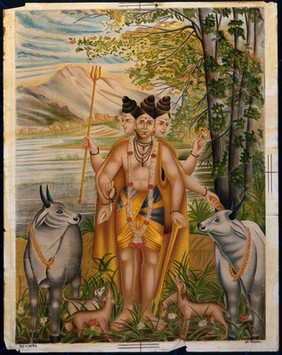 Dattatreya accompanied by his four dogs among cows. Chromolithograph.