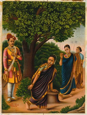 Sakuntala with two women surprised by King Dushyanta. Chromolithograph.