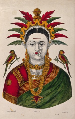 view A heavily jewelled Mahalakshmi with two parrots. Coloured transfer lithograph by A.R. Raghunath, 1897.