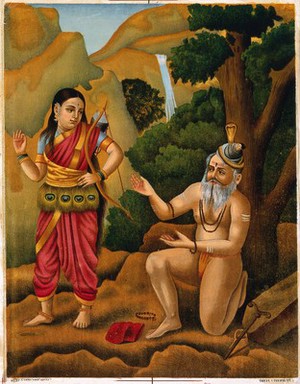 view A huntress coming across Shiva as a yogi. Chromolithograph.