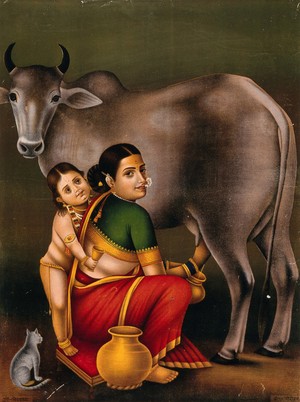 view A woman milking a cow with a child, possibly Krishna begging for milk, while a seated cat observes. Chromolithograph.