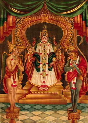 view Vishnu portrayed as in a Maharastra temple with Hanuman and Garuda before him. Chromolithograph.