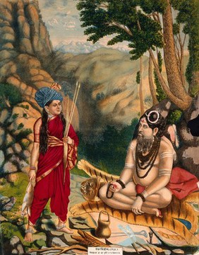 A huntress approaching a meditating Shiva. Chromolithograph, 1883.