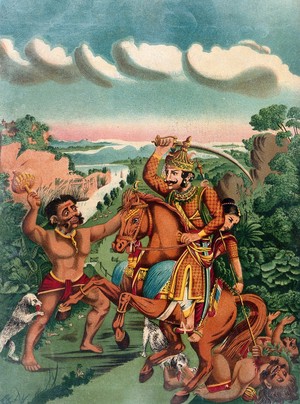 view Khanderao warrior on horseback with a woman seated behind, defeating two demons assisted by two dogs. Chromolithograph.