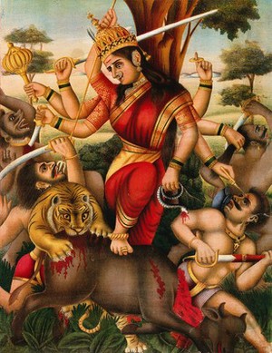 view Durga slaying the Buffalo Demon. Chromolithograph.