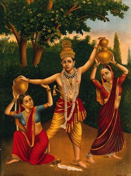 Krishna spilling the milk maids pots. Chromolithograph.