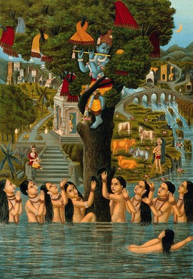 Krishna, playing the flute, seated in a tree with the milkmaids' clothes, while they, naked and in water gather around the tree begging for their clothes. Chromolithograph.